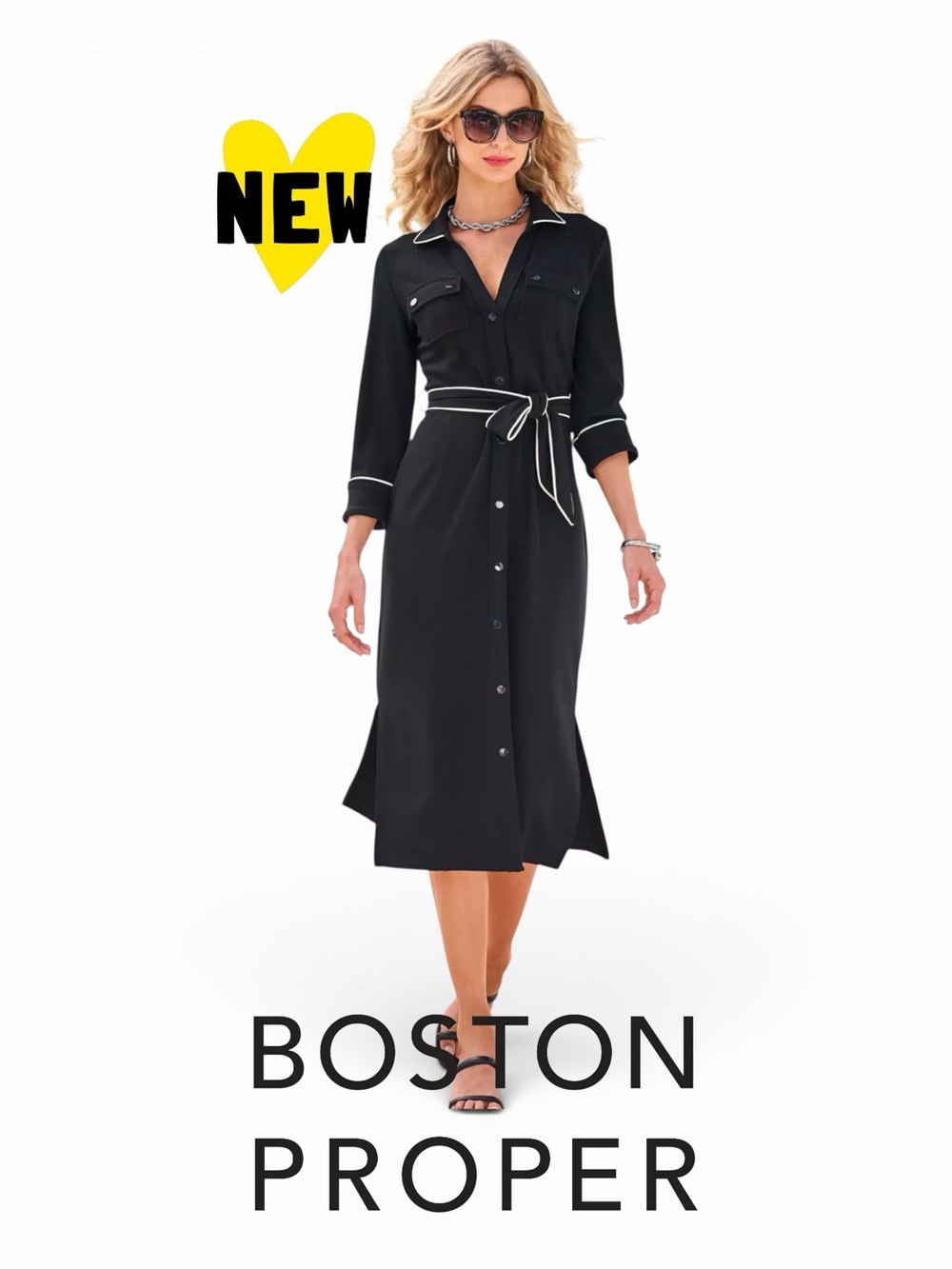 NWT Boston Proper Beyond Travel Piped Button-Front Collared Midi Dress black L